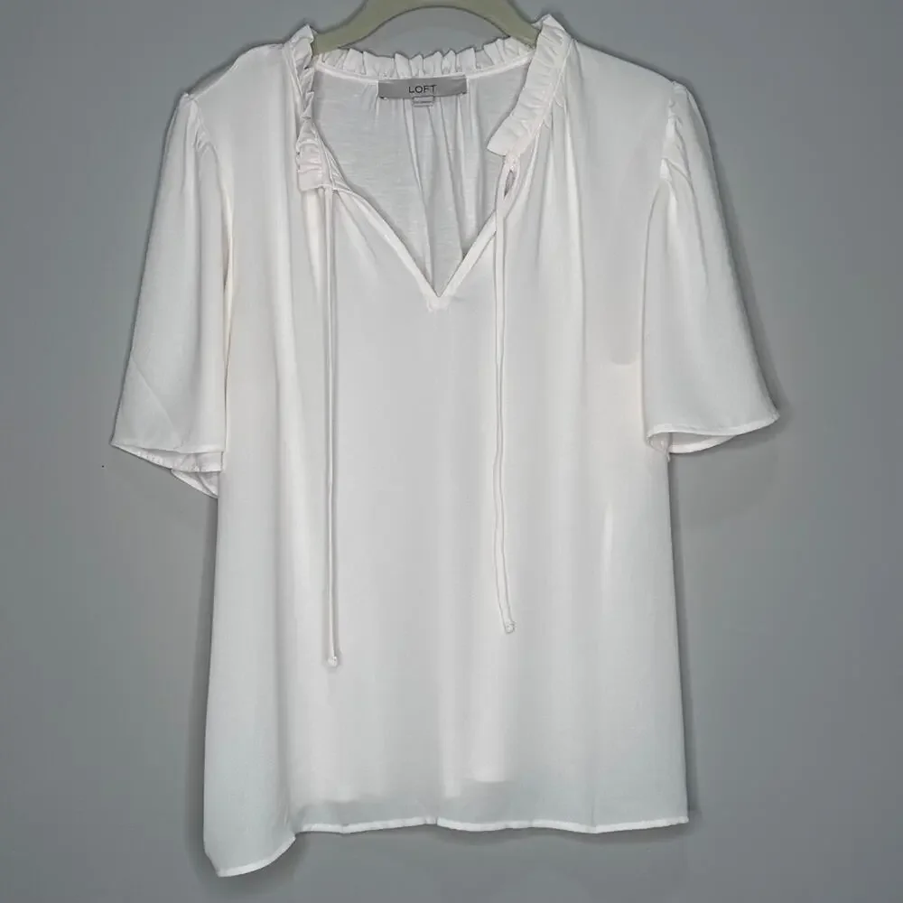 Ann Taylor LOFT Ruffle Tie Neck Mixed Media Top,  Size Small - Picture 2 of 9